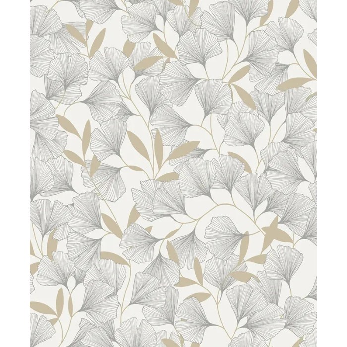 Grandeco|Papel pintado floral japonés hojas ginkgo blanco|Oriental