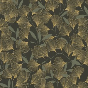 Casadeco|Papier peint floral classique avec feuilles imprimées sur fond noir|Floral