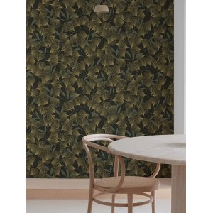 Casadeco|Papier peint floral classique avec feuilles imprimées sur fond noir|Floral 2