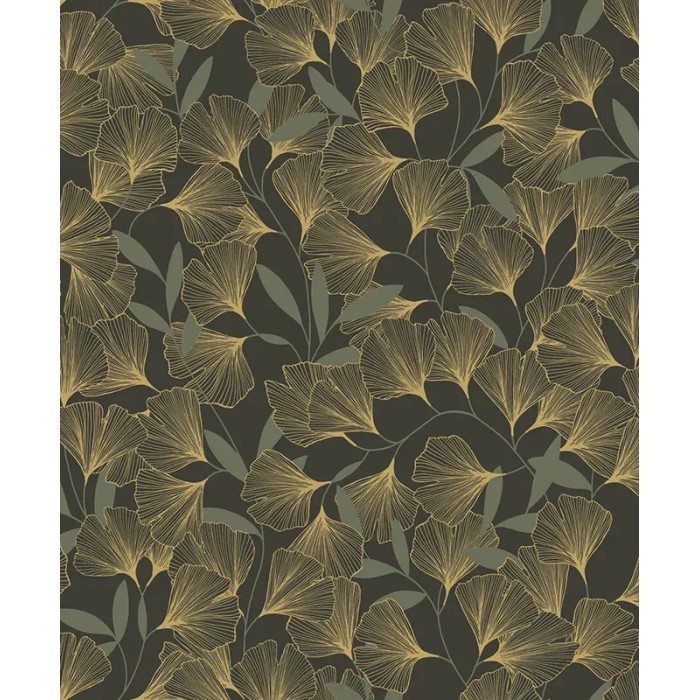 Grandeco|Papier peint floral japonais feuilles de ginkgo noir|Oriental