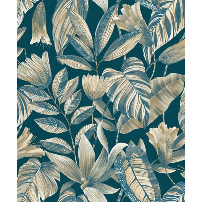 Grandeco|Tropical large-leaf floral blue wallpaper|Wallpaper
