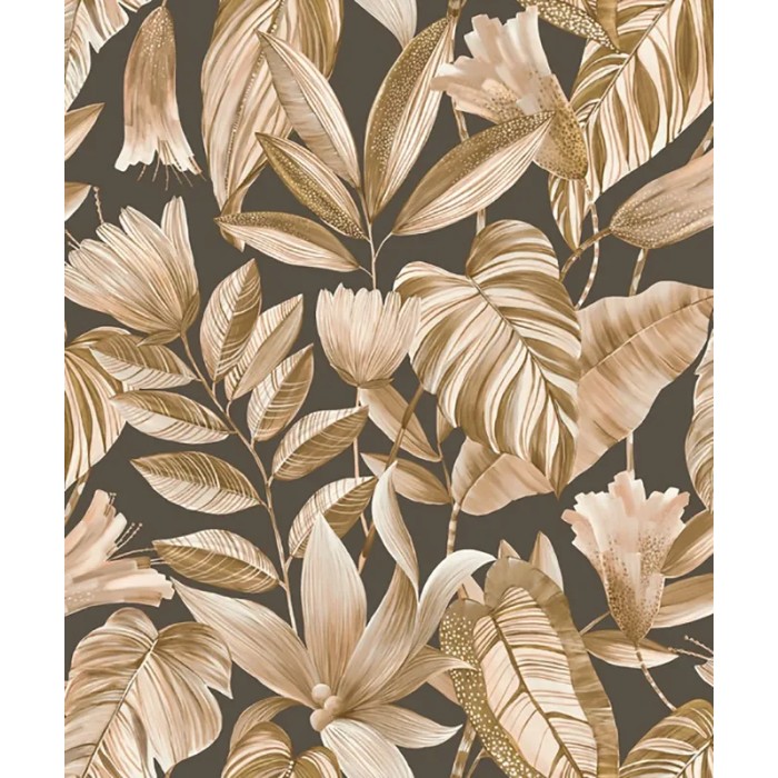 Grandeco|Papier peint floral feuilles tropicales noir et marron|Papier Peint