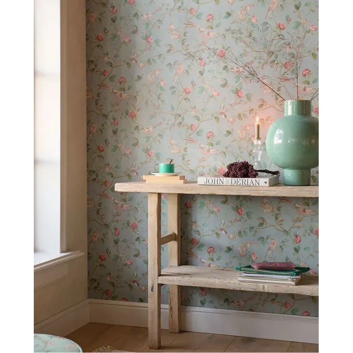 Pip Studio|Romantic wallpaper with flowers and birds in sage green|Romantic