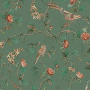 Pip Studio|Romantic wallpaper with flowers and birds in sage green|Romantic