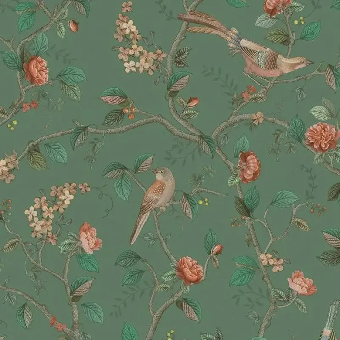 Pip Studio|Papel pintado romántico flores y pájaros verde|Papel Pintado