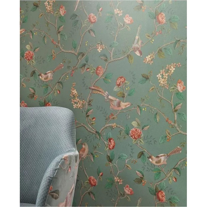 Pip Studio|Papel pintado romántico flores y pájaros verde|Papel Pintado