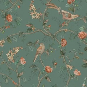 Pip Studio|Romantic wallpaper with flowers and birds in sage green|Romantic