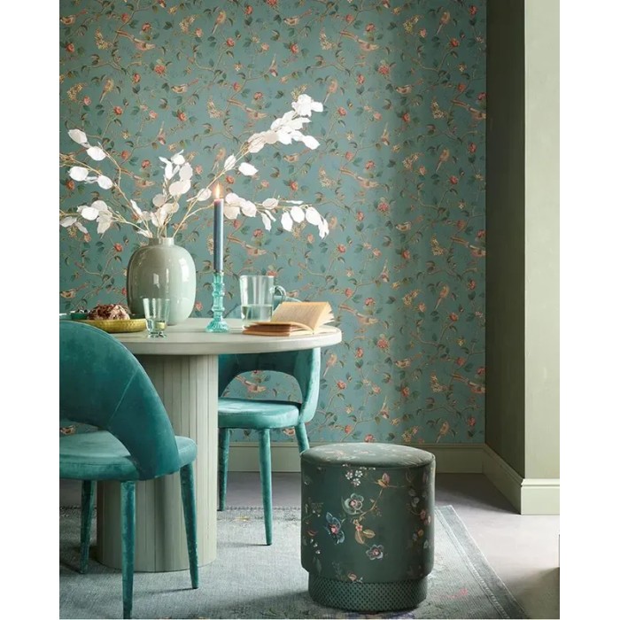 Pip Studio|Papel pintado romántico flores y pájaros verde helecho|Papel Pintado