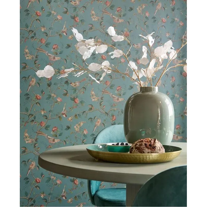 Pip Studio|Papel pintado romántico flores y pájaros verde helecho|Papel Pintado