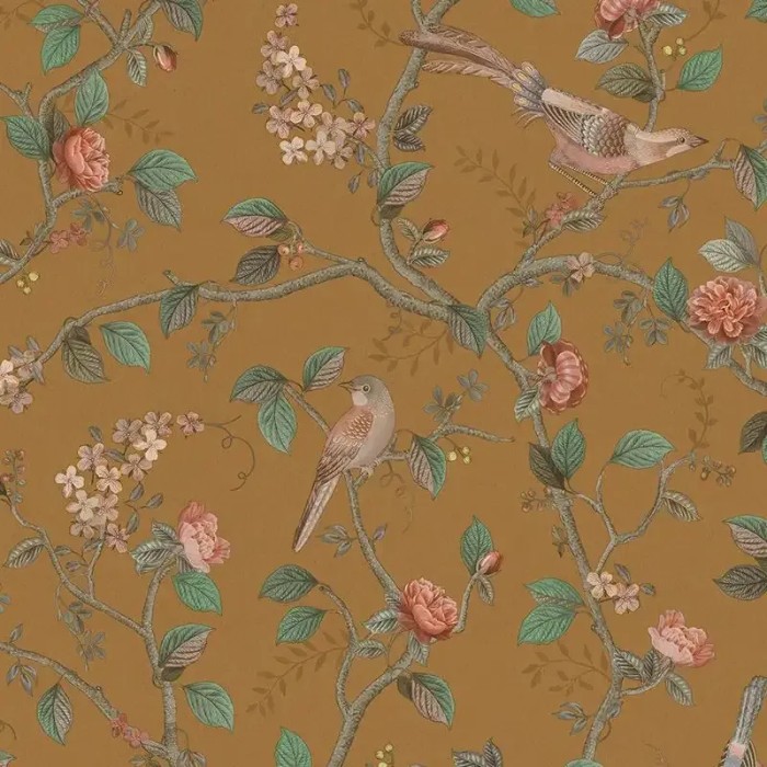 Pip Studio|Papel pintado romántico flores y pájaros amarillo ocre|Romántico