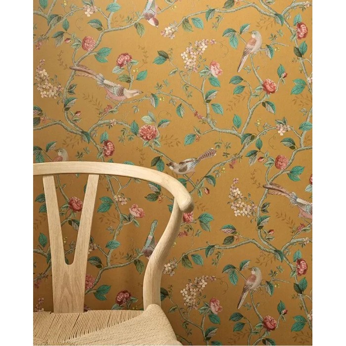 Pip Studio|Romantic wallpaper with flowers and birds in ochre yellow|Romantic