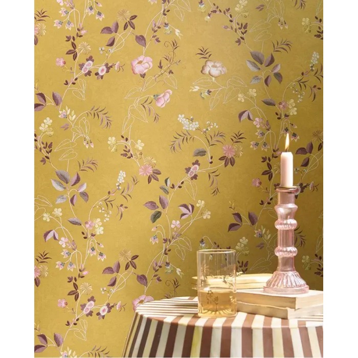 Pip Studio|Romantische Tapete mit kleinen japanischen Blumen in Ockergelb|Romantisch