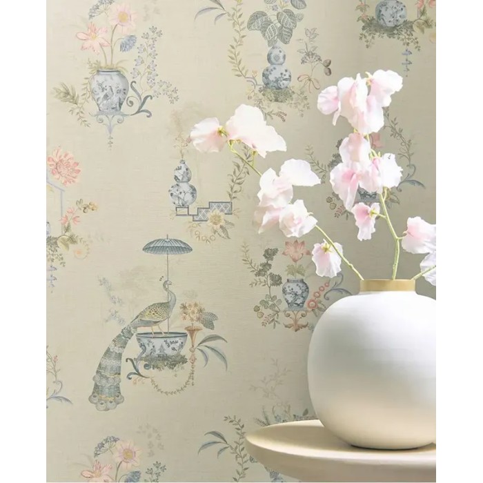 Pip Studio|Romantische Tapete mit chinesischen Porzellanvasen und Blumen in Beige|Romantisch