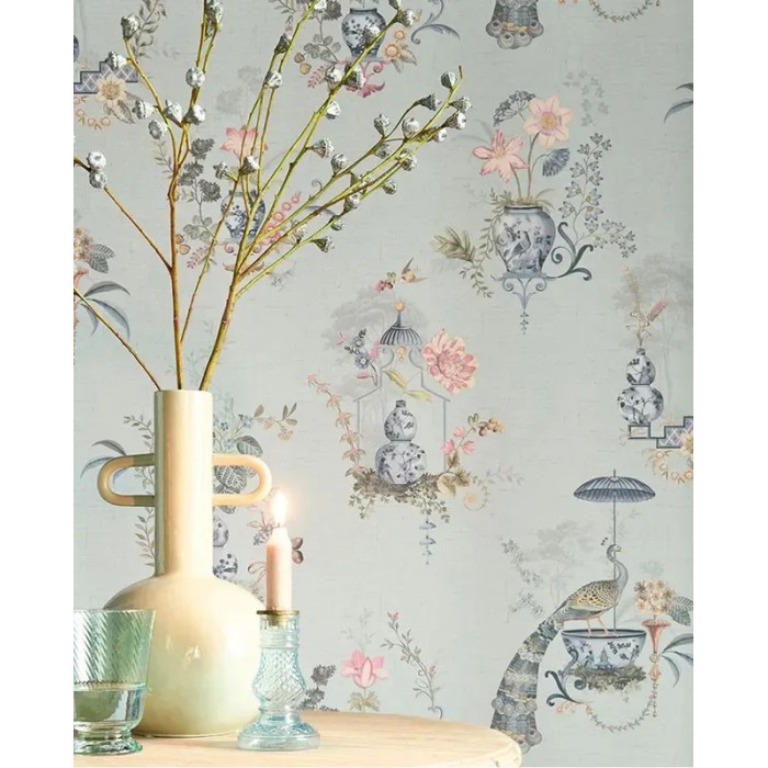 Papel pintado jarrones porcelana china y flores, azul grisáceo - Pip Studio Pip Studio 6 333141