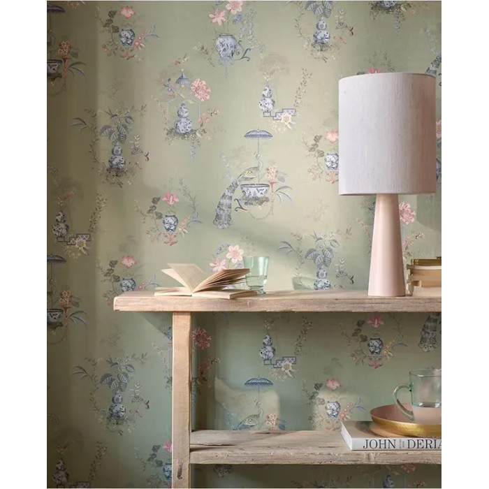 Pip Studio|Romantische Tapete mit chinesischem Porzellan und Blumen in Hellgrün|Orientalisch
