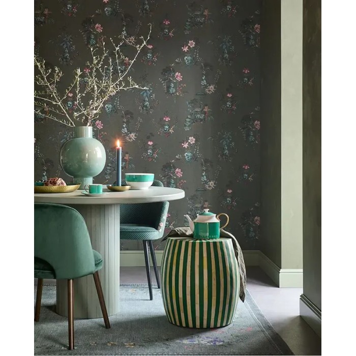 Pip Studio|Romantische Tapete mit chinesischen Porzellanvasen und Blumen in Grün|Tapeten