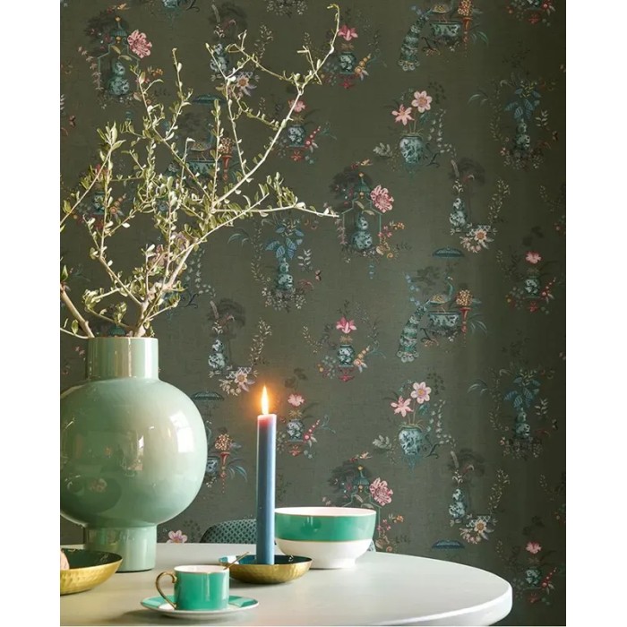 Pip Studio|Papier peint romantique vases en porcelaine chinoise et fleurs vert|Papier Peint
