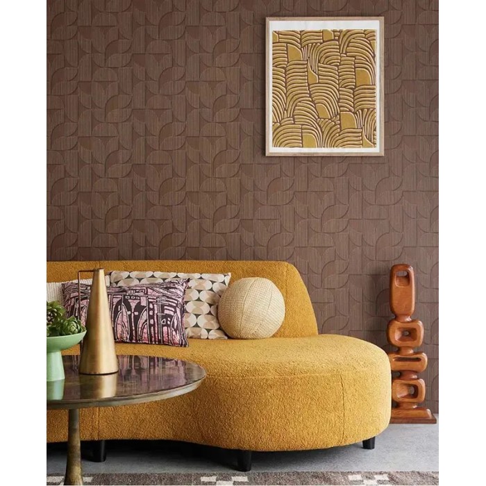 Eijffinger|Retro ethnic geometric wallpaper with wood grain in mahogany brown|Ethnic