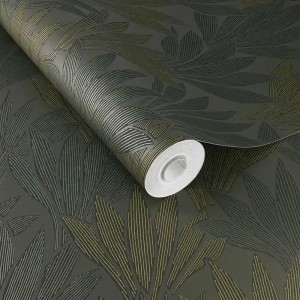 Eijffinger|Moderne Tapete mit minimalistischen Blättern in Olivgrün und Gold|Hochwertige