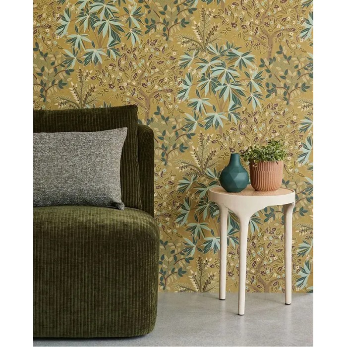 Eijffinger|Scandinavian boho wallpaper with enchanted trees in mustard green|Scandinavian