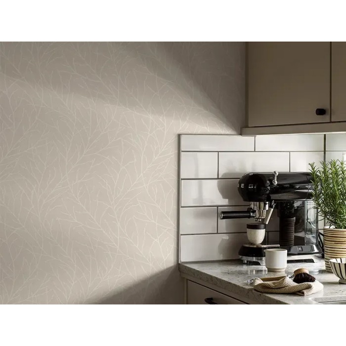 Papel pintado floral escandinavo ramas estilizadas en beige y blanco - Borastapeter Borosan Hem 38728