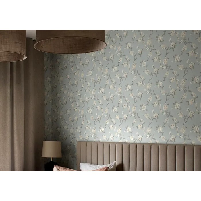 Borastapeter|Papel pintado romántico flores de cerezo en acuarela azul y beige|Romántico