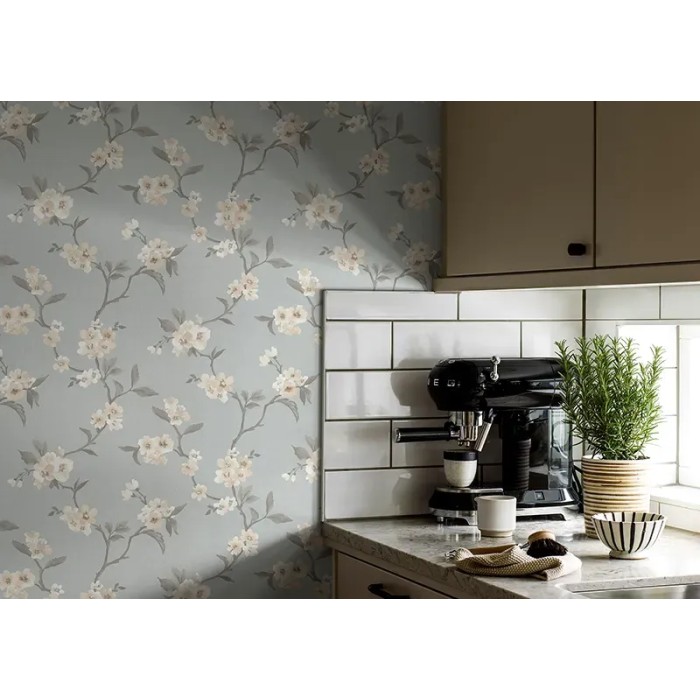 Borastapeter|Wallpaper romantic style cherry blossom watercolor in blue and beige|Romantic