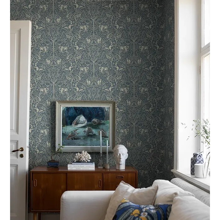 Borastapeter|Wallpaper Scandinavian forest fauna nature in petrol blue and beige|Wallpaper