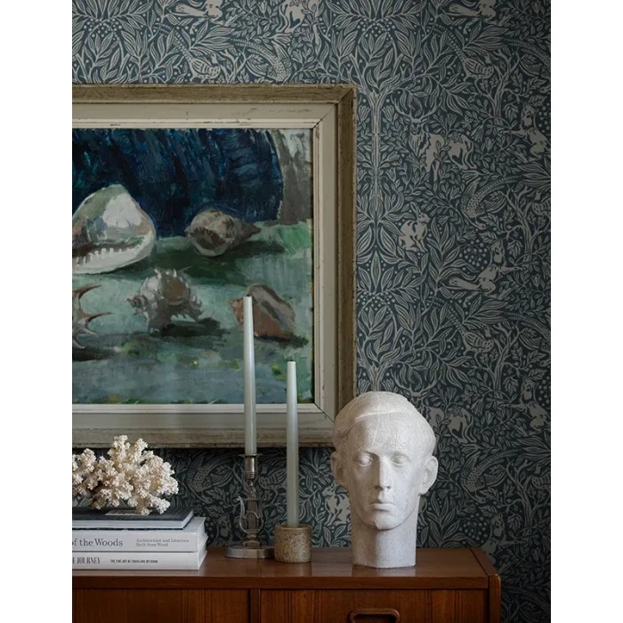 Borastapeter|Wallpaper Scandinavian forest fauna nature in petrol blue and beige|Wallpaper