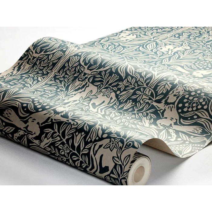 Borastapeter|Wallpaper Scandinavian forest fauna nature in petrol blue and beige|Wallpaper