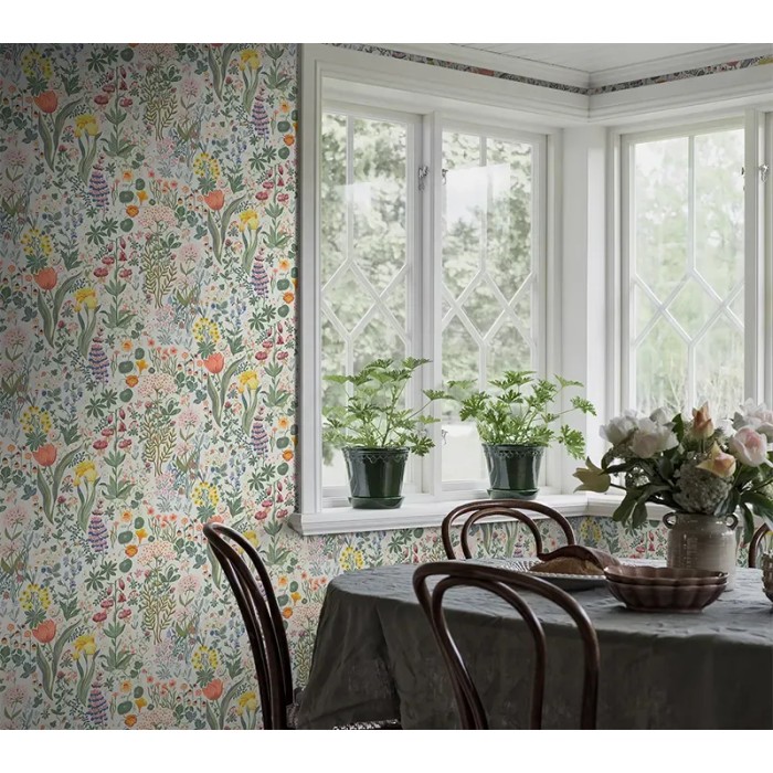 Borastapeter|Papel pintado floral escandinavo multicolor sobre blanco|Escandinavo