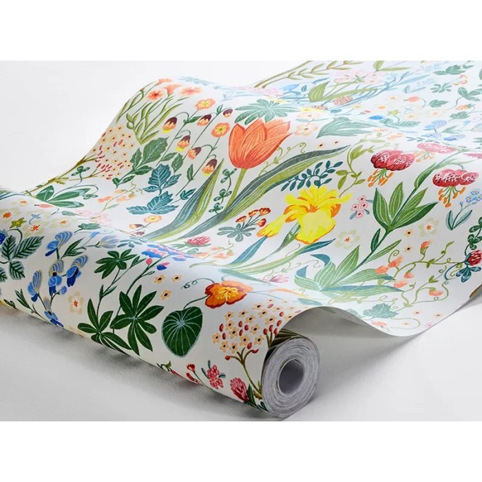 Borastapeter|Papel pintado floral escandinavo multicolor sobre blanco|Escandinavo