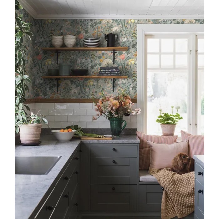 Borastapeter|Papier peint floral scandinave multicolore sur gris|Scandinave