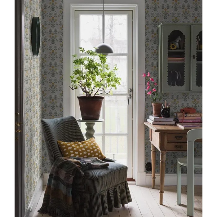 Papel pintado floral clásico anémonas en amarillo y gris - Borastapeter New Heritage 4811