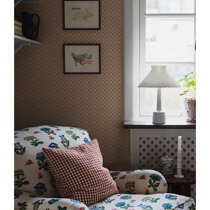 Borastapeter|Papier peint floral folklorique treillis rouge terre cuite beige|Géométrique