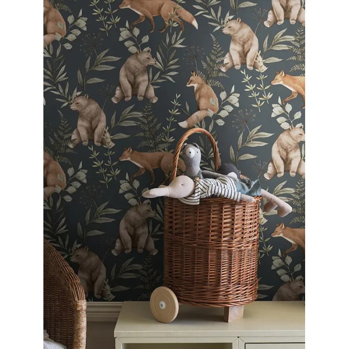 Borastapeter|Papel pintado infantil bosque nórdico azul oscuro y marrón|Infantil