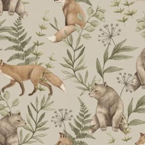 Caselio|Kids wallpaper woodland animals in white and beige|Children's
