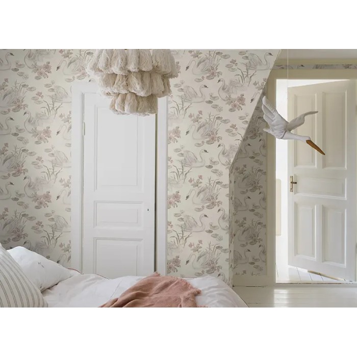 Borastapeter|Papel pintado infantil cisnes romántico rosa y marrón|Infantil