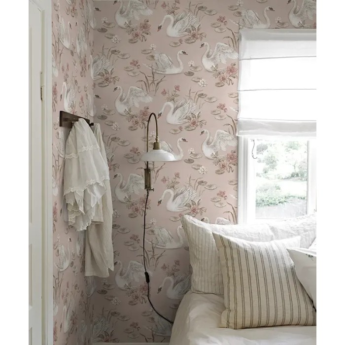 Borastapeter|Papel pintado infantil cisnes rosa blanco y marrón|Juvenil