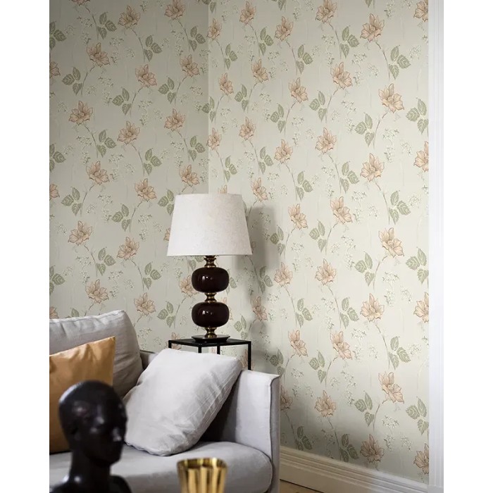 Papel pintado floral Valborg gris suave y rosa pastel - Borastapeter Swedish Grace 5501