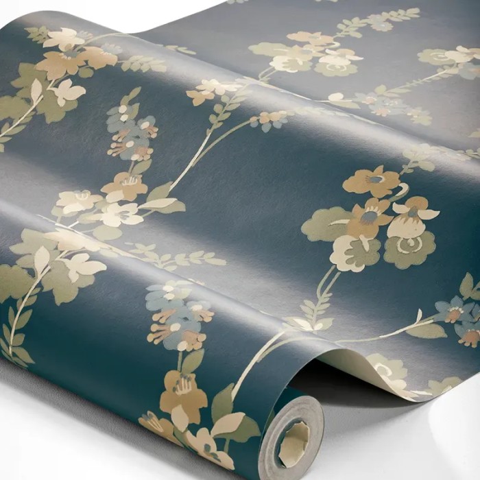 Papel pintado floral Vera azul oscuro con beige y verde lima - Borastapeter Swedish Grace 5510