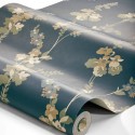Papel pintado floral Vera azul oscuro con beige y verde lima - Borastapeter Swedish Grace 5510