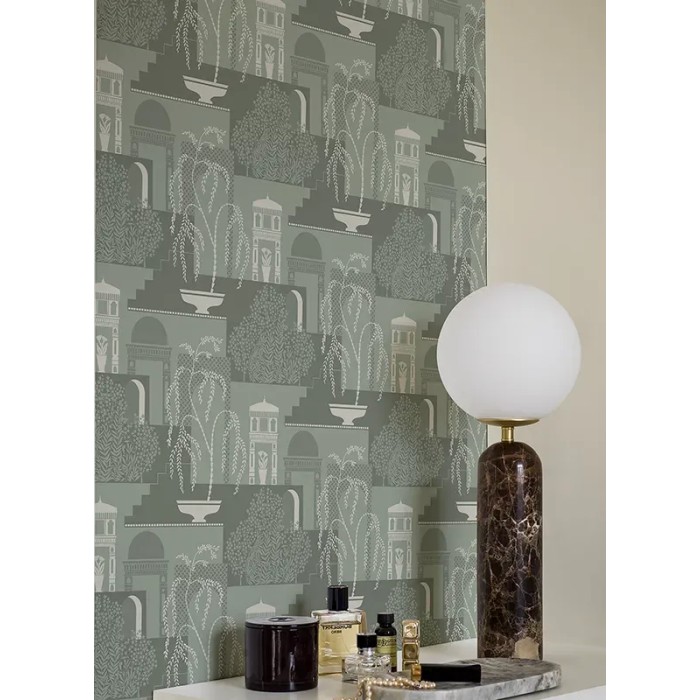 Papel pintado geométrico Mimi verde frío y gris claro - Borastapeter Swedish Grace 5519