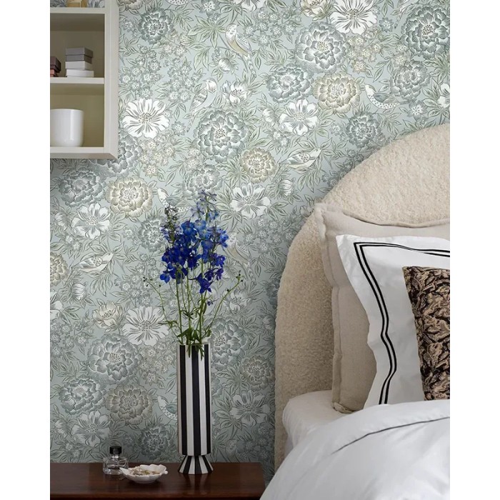 Borastapeter|Papel pintado floral Dagmar azul frío beige y verde azulado|Romántico