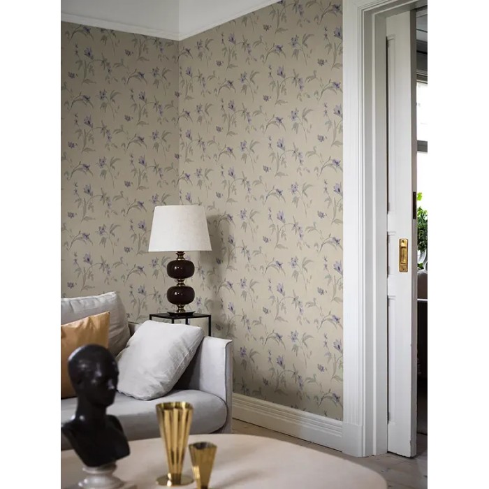 Papel pintado floral Marlene azul lavanda y gris beige - Borastapeter Swedish Grace 5536