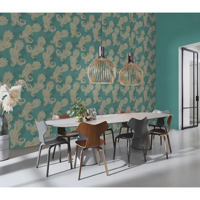 Rasch|Papier peint motifs cachemire vert doré|Damas