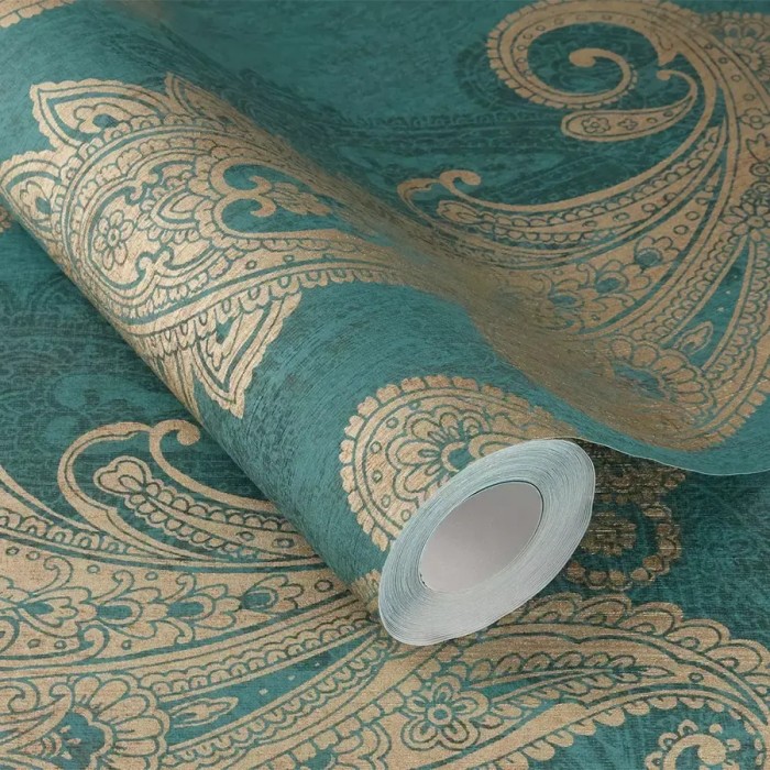 Papel pintado motivos de cachemira verde dorado - Rasch Indian Style 746457