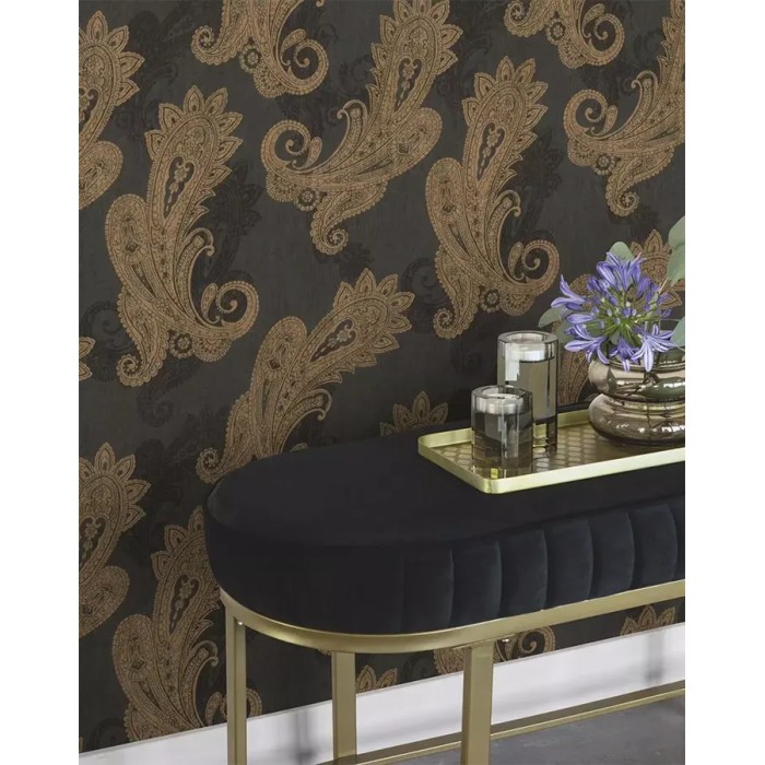 Rasch|Papier peint cachemire classique noir doré|Damas