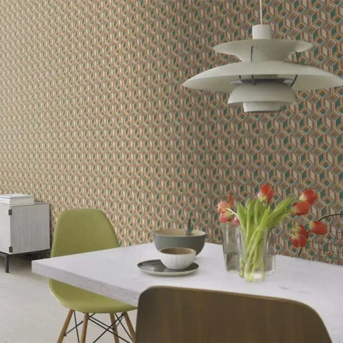 Rasch|Papel pintado geométrico 3D verde naranja|Retro