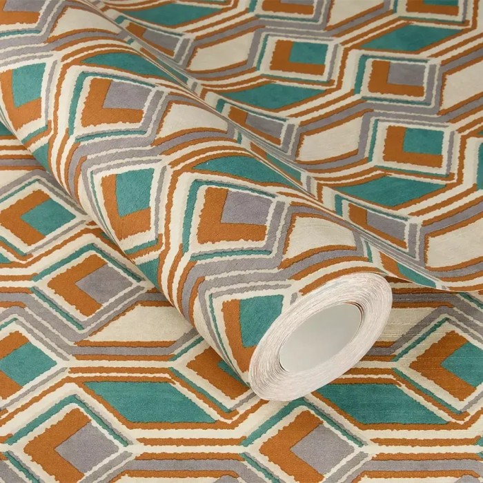 Rasch|Papel pintado geométrico 3D verde naranja|Retro